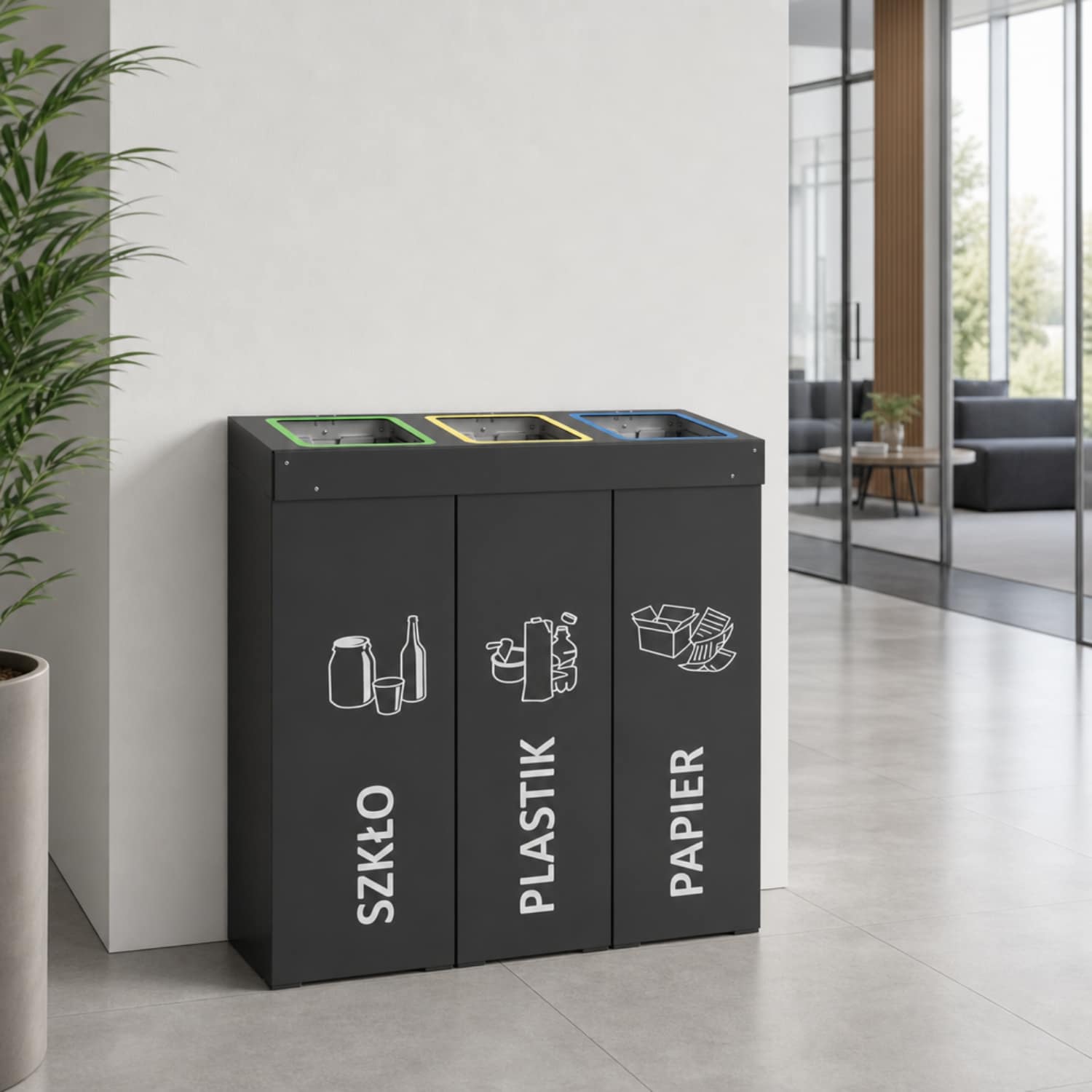 3-komorowy kosz do segregacji DENEB 3 × 70 L do biur i nowoczesnych przestrzeni.